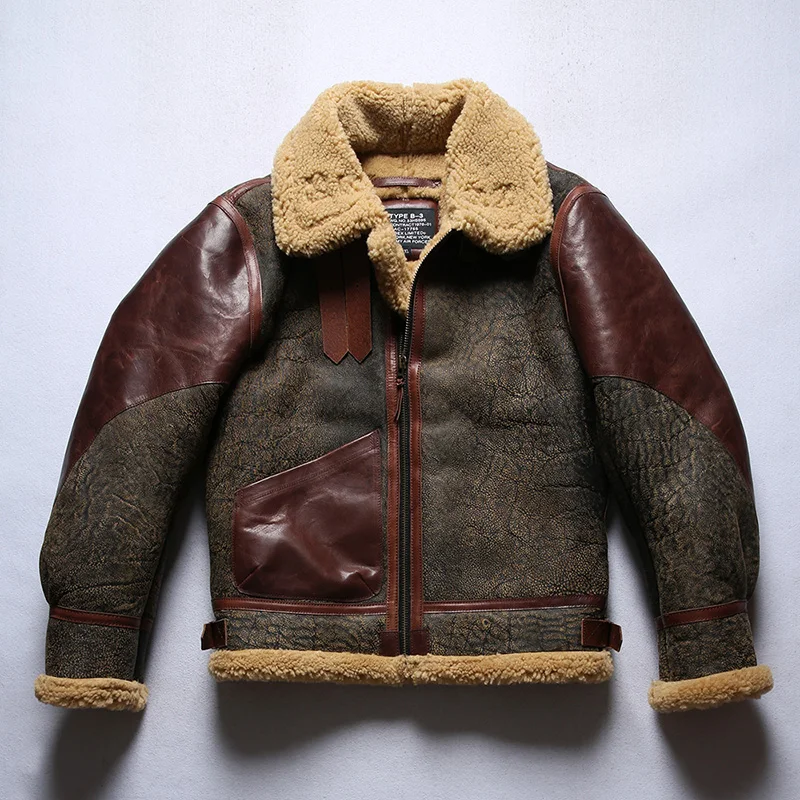 Fast Shipping,Men\'s Winter Shearling Sheepskin Jacket Warm Fur Collar Vintage Air Force Flight B-3 Genuine Leather Jacket