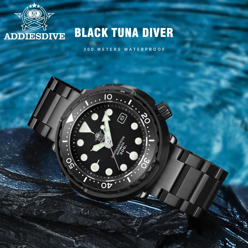 Addies Dive Men\'s Black tuna watch  Stainless Steel Japan NH35 Movement Diver Watch Waterproof BGW9 Luminous Automatic Watches