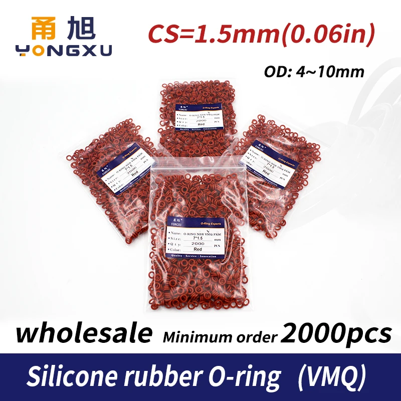 2000PCS/lot wholesale Red Silicon O-ring Food grade Silicone/VMQ 1.5mm Thickness OD4/5/6/7/8/9/10mm O Ring Seal Rubber Gasket