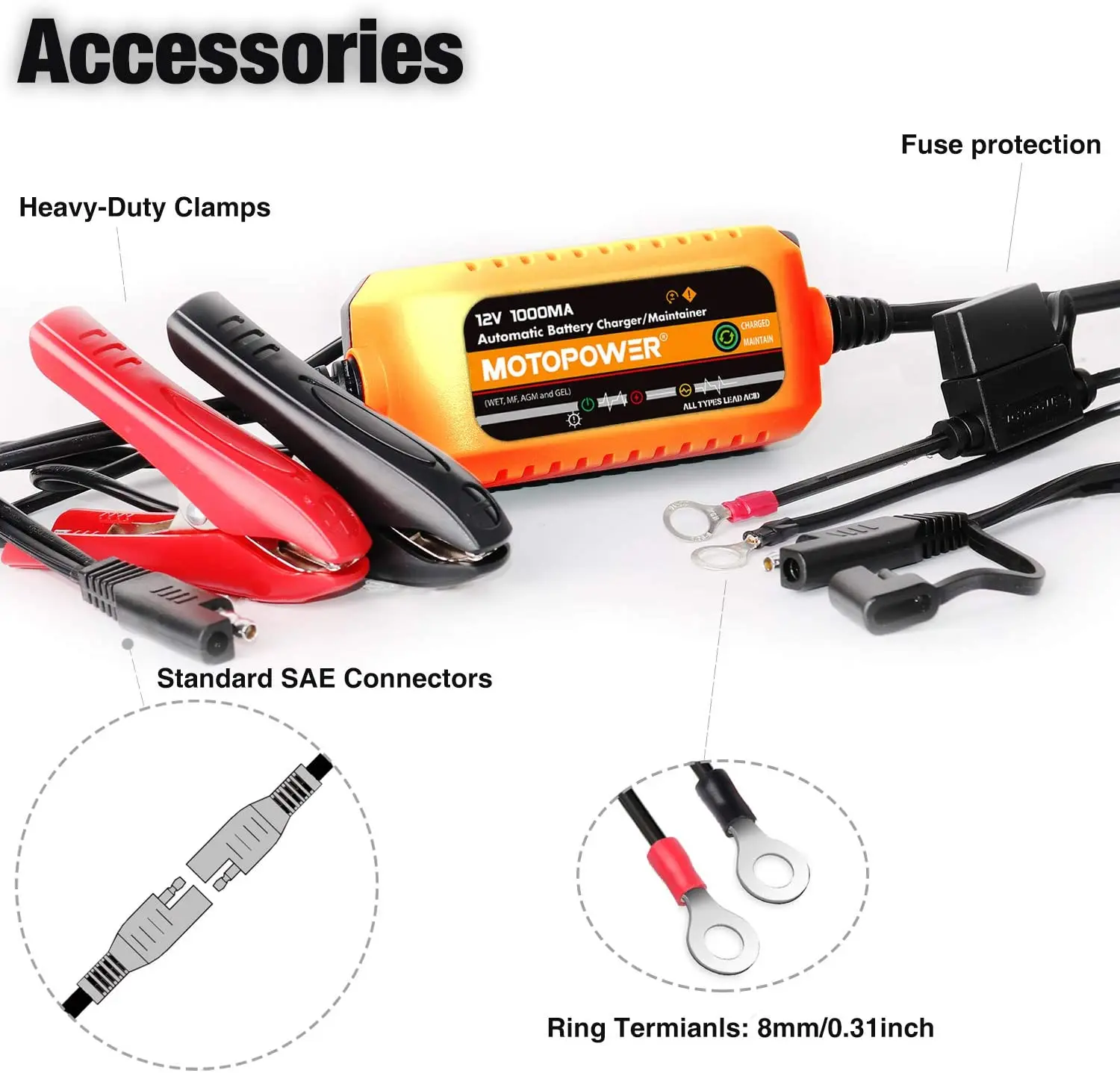 MOTOPOWER MP00205B-R 12V 1000mA Automatic Battery Charger, Battery Maintainer, Trickle Charger, and Battery Desulfator with Time