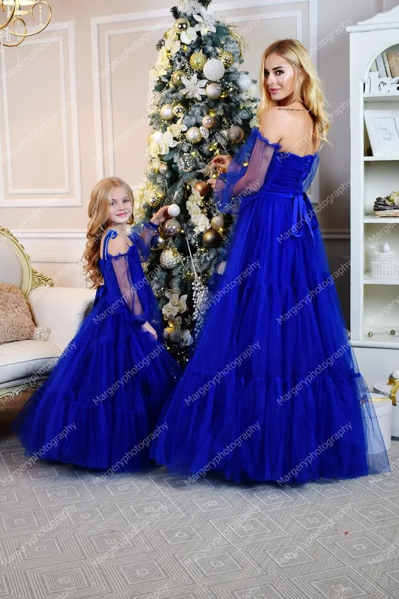 Elegant Royal Blue Mom And Me Photo Shoot Dressing   Gowns Long Sleeves Puffy Ball Gown Mother And Daughter   Dresses