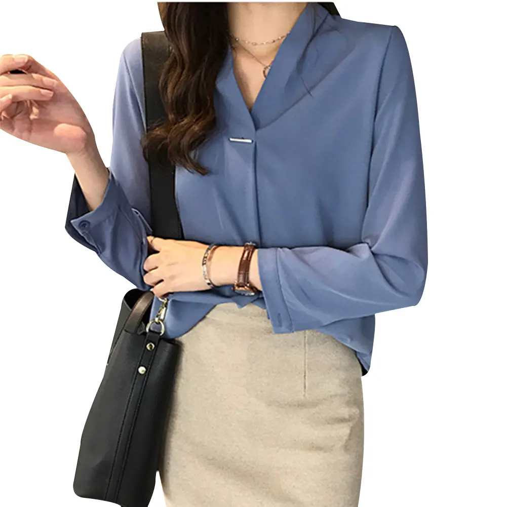 Blusa informal de gasa para mujer, camisa de manga larga con cuello en V, para trabajo y oficina, a la moda, novedad de otoño, 2019