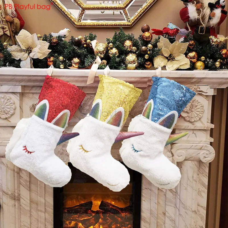 Playful bag 2020 Unicorn Christmas stocking Cute unicorn Pendant Christmas ornament New decoration Gift bag Children gifts AA46