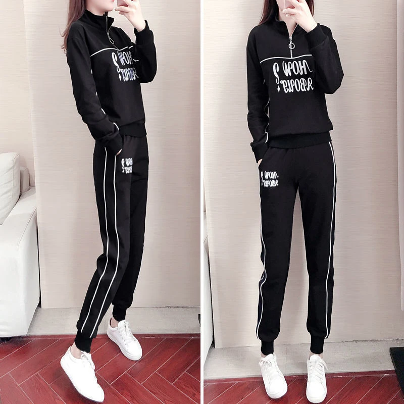 Streetwear Fashion Letter Print Tracksuit Women Casual Pullover Sweatshirt And Sweatpant Suit Hip Pop Black White 2 Piece Set