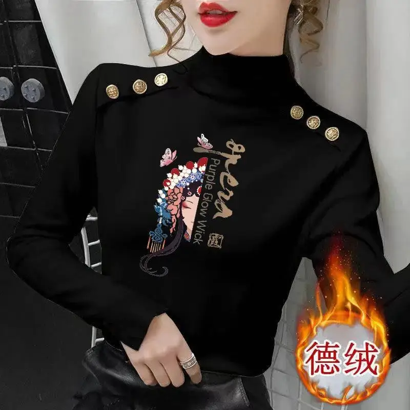 De Rong Long-Sleeved T-Shirt Women Spring Autumn Pullover 2024 New Printing Semi-High Neck Fashion Bottoming Shirt Tops Female