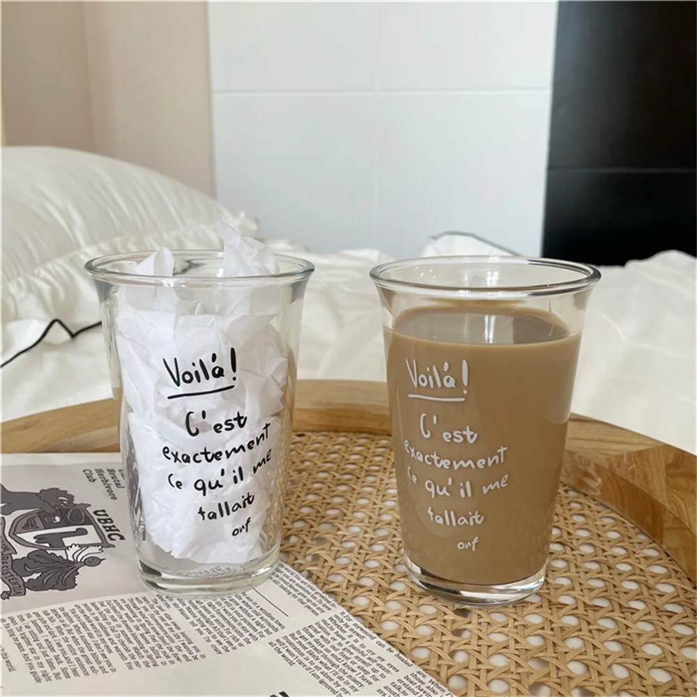 450Ml Large Capacity Coffee Cup French Letters Retro Glass Water Cup Niche Drinking Cup Straw Cup