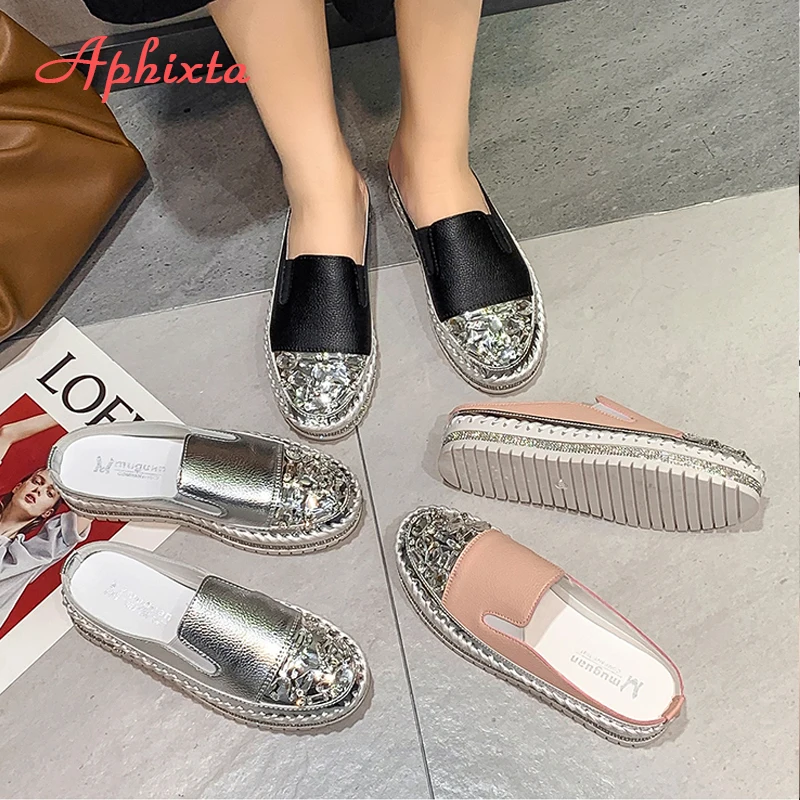 Aphixta Crystals Round Toe Leather Flats Shoes Women Silver Bling Loafers Couple Platform Shoes Woman Flat With Students Size 43