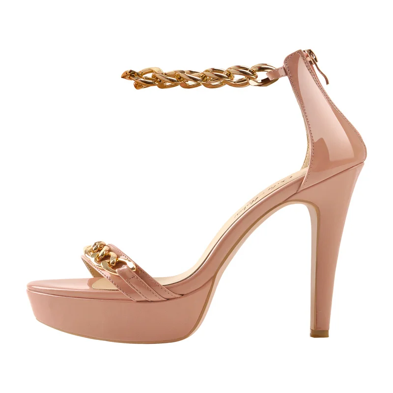 OnlymakerWomen Platform Sandals Gold Patent Leather Metal Chain Stiletto High Heel Shoe Zipper Big Size Elegant Summer Heels