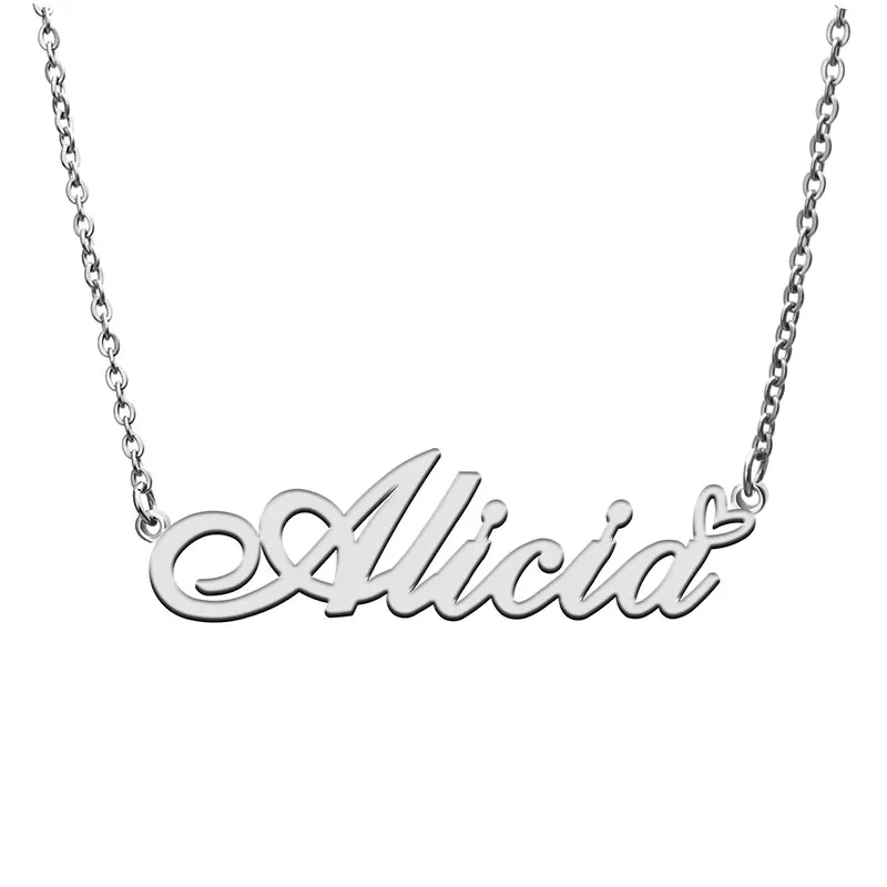 Alicia with Love Heart Name Necklace for Women Stainless Steel Jewelry Nameplate Pendant Femme Mother Girls Gift