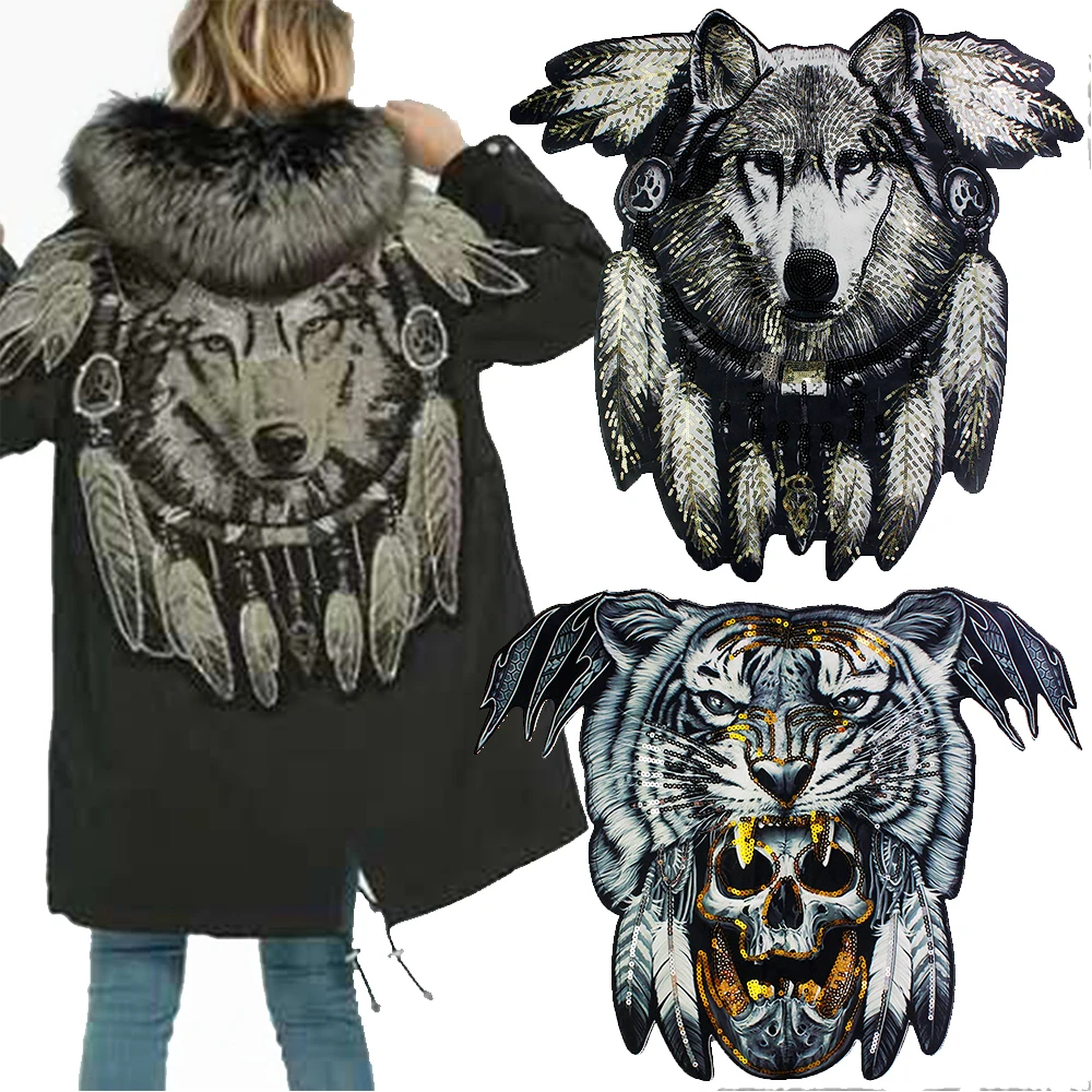 2pcs Super Big Large Size Embroidery Sequined Applique Tiger Skull Patches Cool Wolf Sewing on Patches for Clothing DIY Badge