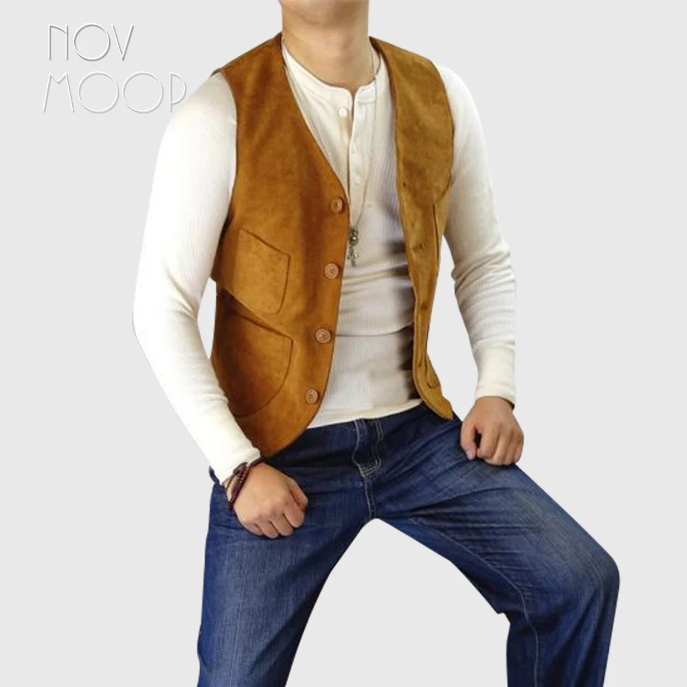 Novmoop genuine leather cow suede men's vest japanese vintage style chic cool cowboy Gilet homme en cuir de vachette LT3415