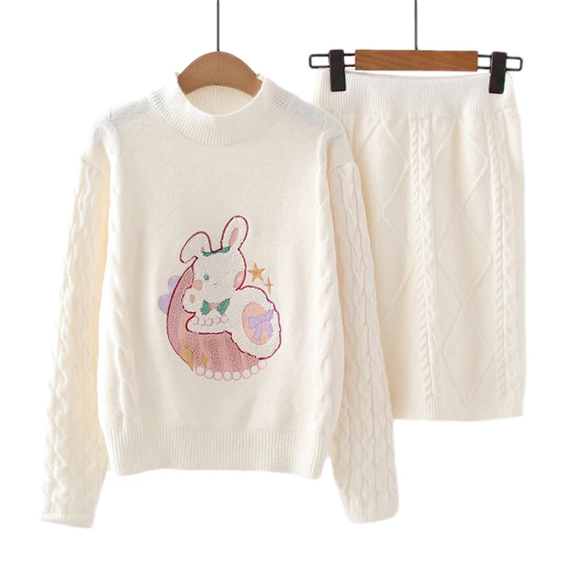 

Winter Korean Kawaii Turtleneck Sweater Women Jumper Casual Cute Rabbit Vintage Cable Knit Pullover 2 Piece Set Skirt Outfits