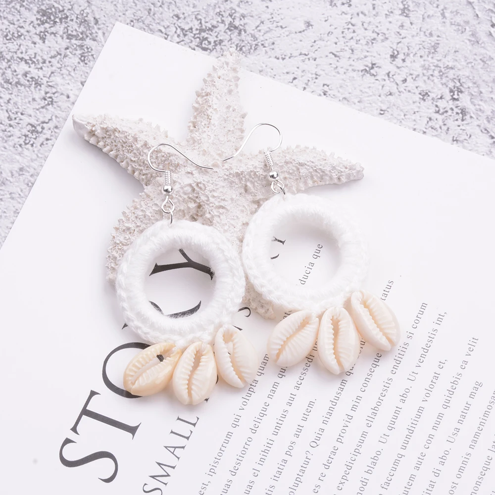 1Pair/2pcs Original New Fashion Boho Beach Shell Crochet Earrings Large Circle Shell Tassel Dangle Drop Earrings For Women