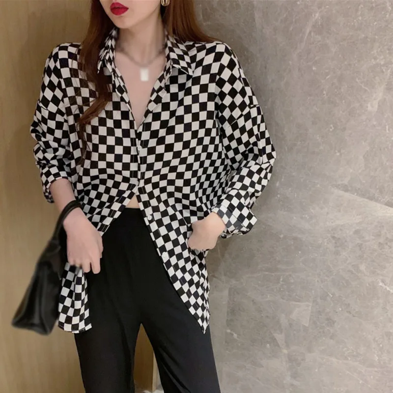 Autumn Women Black And White Plaid Blouse Retro Loose Lapel Long Sleeve Shirt Sexy  Casual Streetwear Woman Blouses