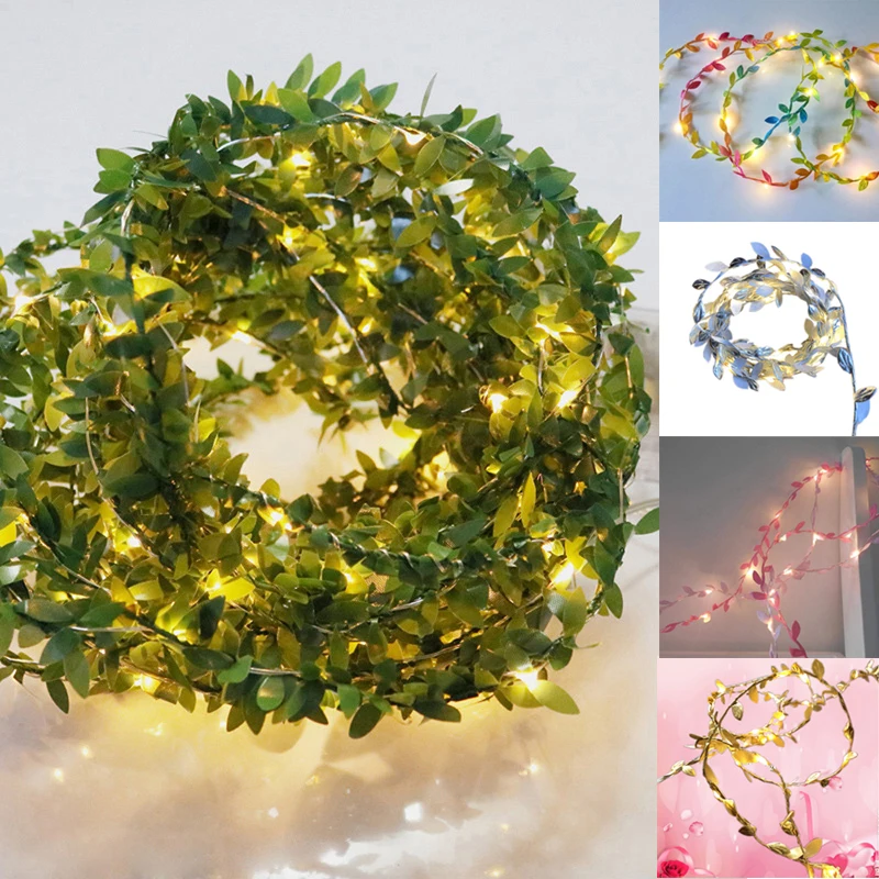 ไฟ Led String สีเขียวใบ Garland Vine 5V USB แบตเตอรี่ Power Fairy Light 20LED 30LED 50LED 100 LED ทองแดง Party Decor