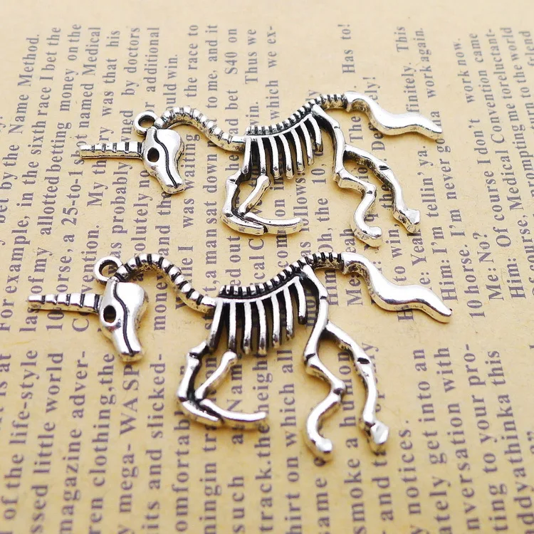 4 pcs/lot 24*49mm Unicorn bone skeleton charm Metal alloy Antique silver color Pendant Bracelet Key chain Jewelry accessory