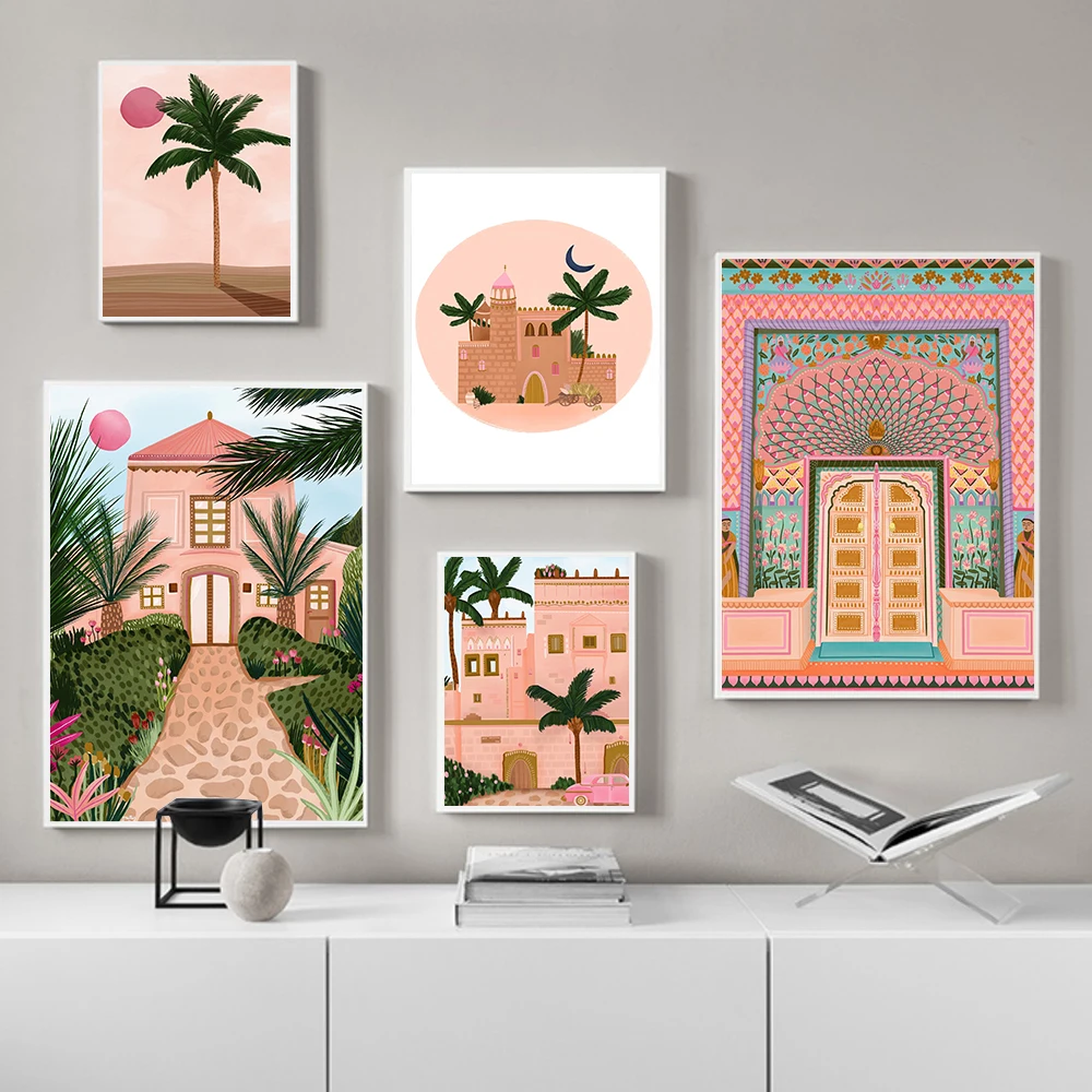 

Moroccan Wall Art Canvas Poster Pink Lotus Gate Palm Building Moon Print Nordic Decorative Picture Painting Modern Mosque Decor