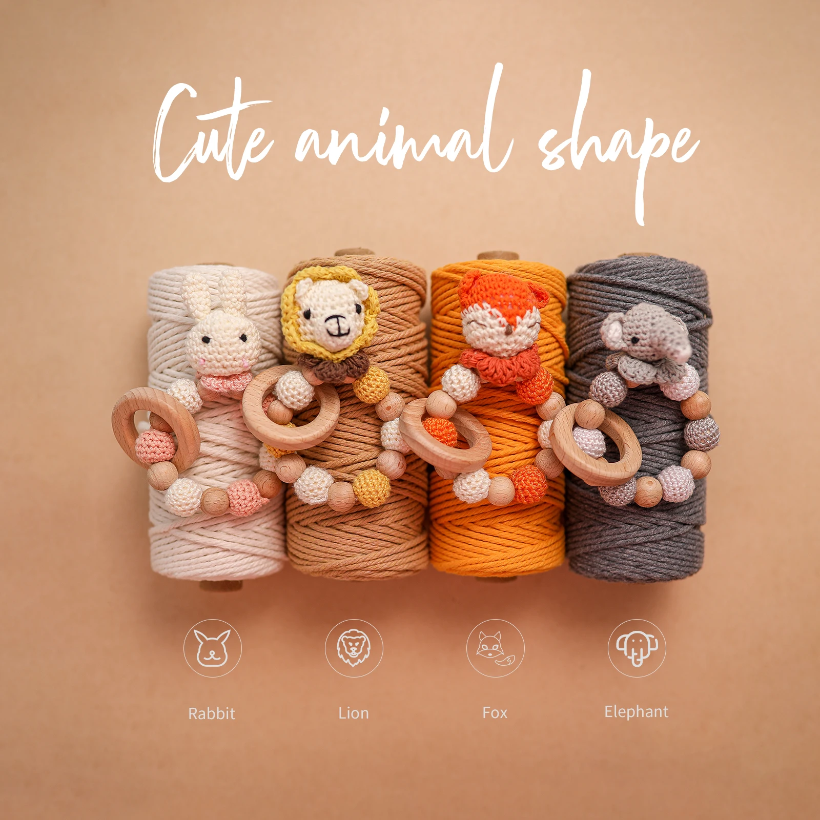 1 Pc Wooden Natural Crochet Baby Infant Teether Teething Ring Bracelet Toys Animal Shaped Nursing Bracelet Rattle Gift for Kids