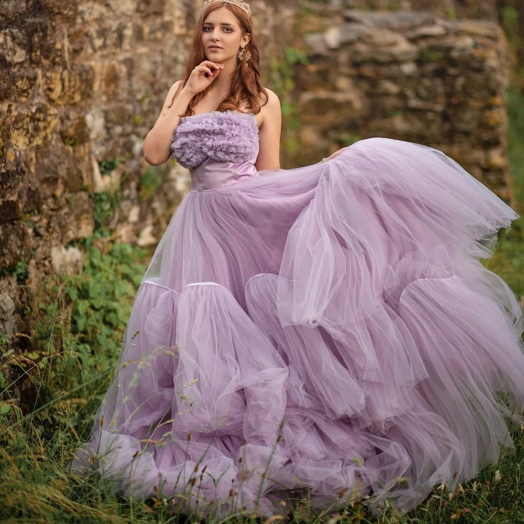 Vestidos de Noche de color púrpura claro para mujer, Vestido largo de fiesta con volantes sin tirantes, de tul en capas, de fiesta, de talla grande, para boda