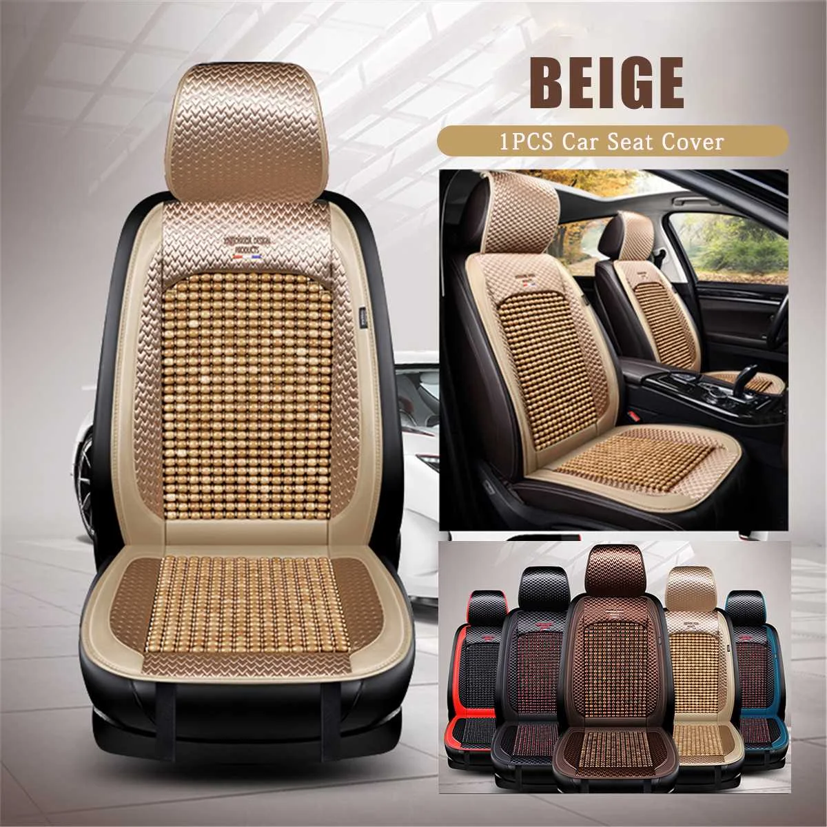 Universal Car Seat Covers Breathable Summer Cooling Beads Leather + Bamboo Auto Front Seat Cushion Protector