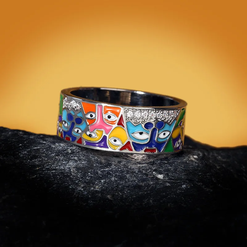 For Women 925 Sterling Silver White CZ Handmade Enamel Lovely Cat Unique Trendy Ring Party Fashion Jewelry