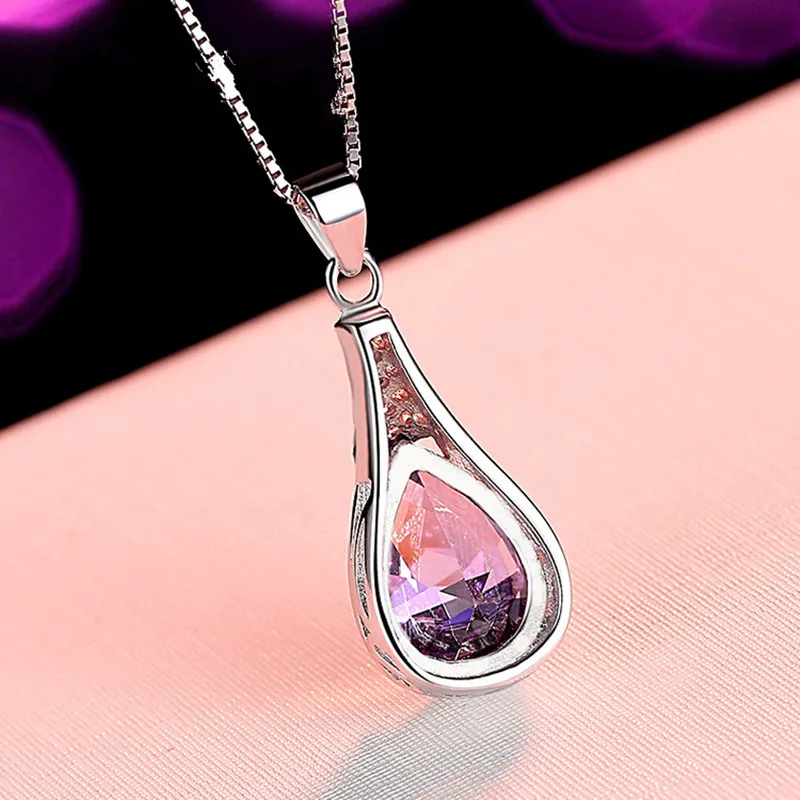 Buyee 925 Sterling Silver Female Stone Pendant Chain Natural Amethyst Necklace for Women Luxury Wedding Fine Jewelry Chain  45cm