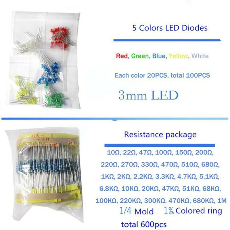 RISE-1390Pcs Electronic Components LED Diode Transistor Capacitor Resistance Kit