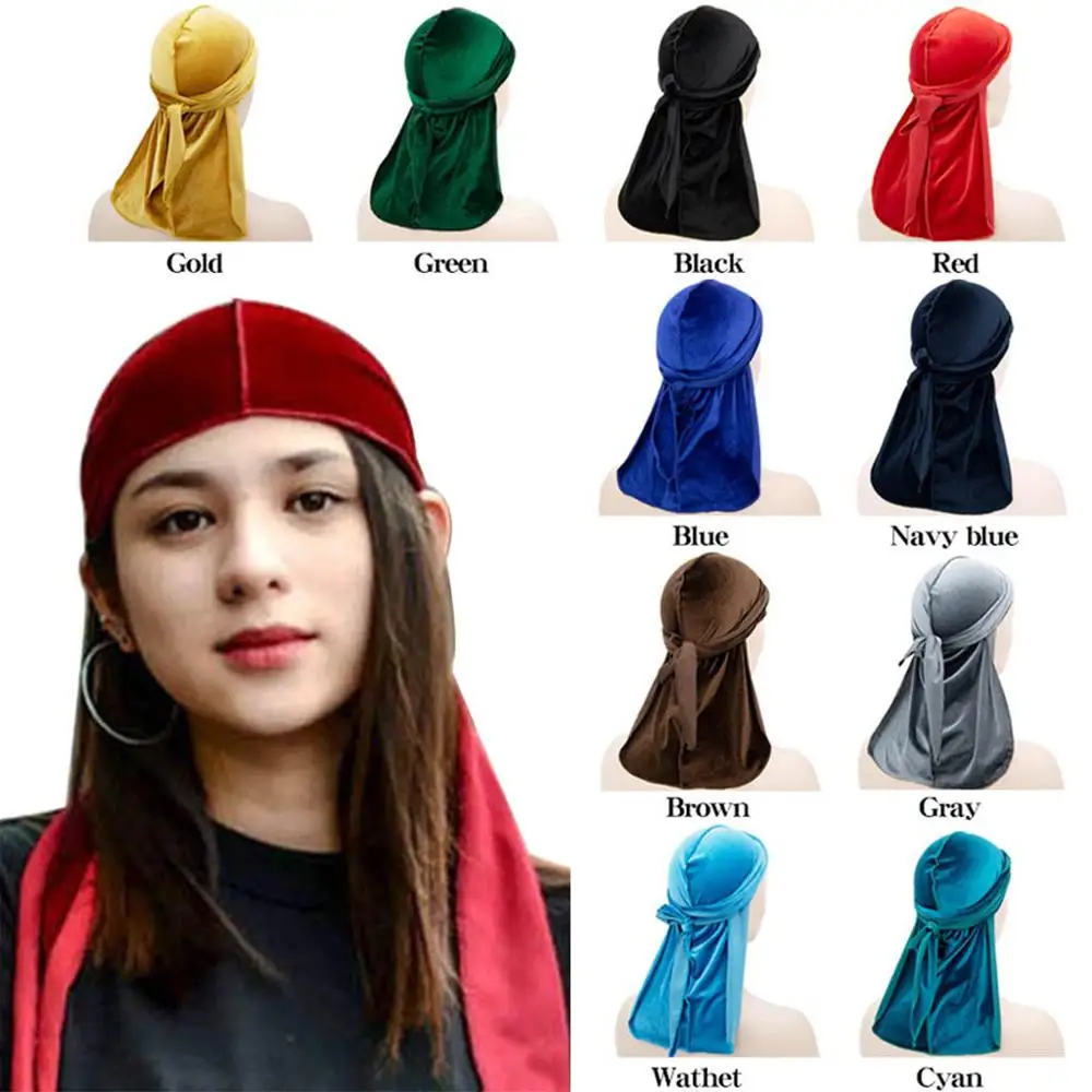 Unisex Kobiety Mężczyźni Velvet Durag Long Tail Headwrap Bandana Elastic Durags Wave Caps Męska czapka Doo Rag Turban Cap Hip-hop Pirate Hat