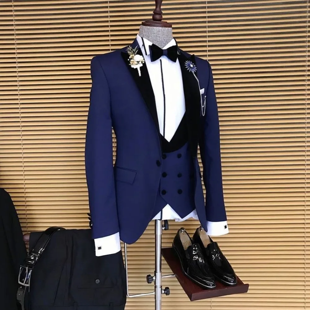 Traje de negocios azul marino para hombre, traje de boda, esmoquin ajustado, 3 piezas, 2024