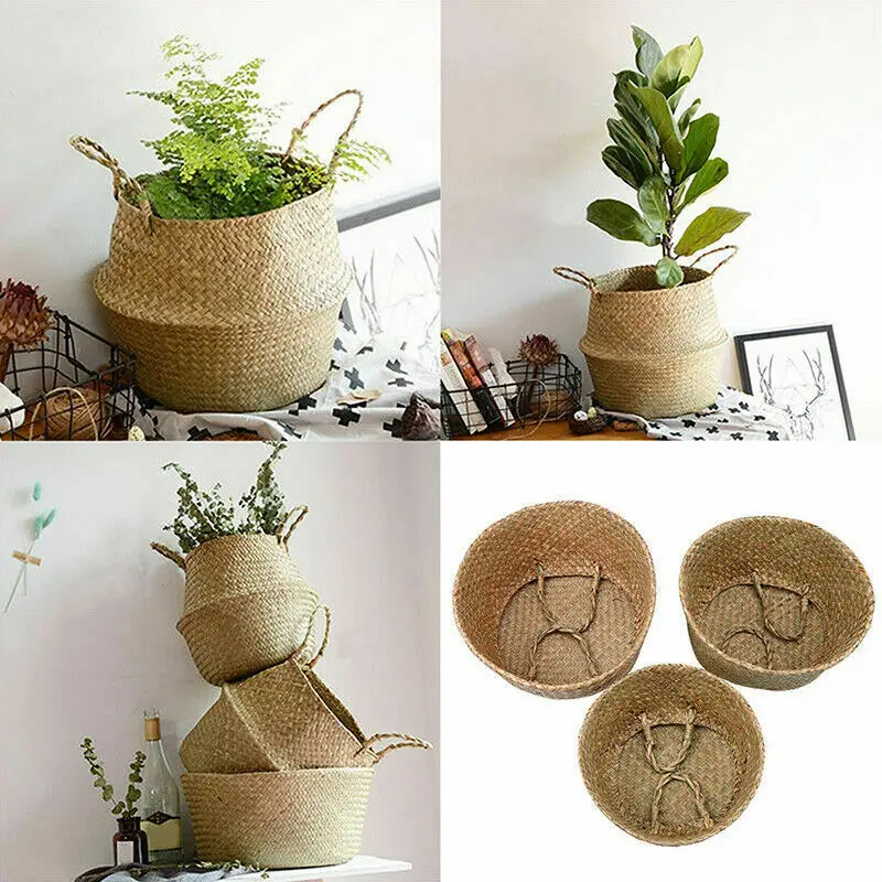 Foldable Natural Seaweed Woven Storage Pot Garden Flower Vase Hanging Basket