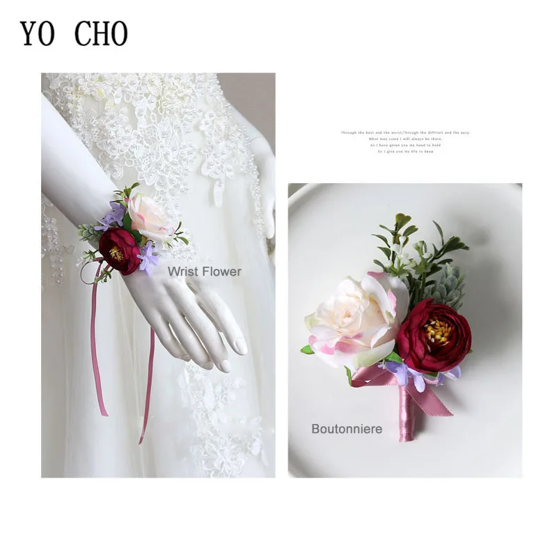 YO CHO Boutonniere Flowers Wedding Corsage Pins White Pink Groom Boutonniere Buttonhole Men Wedding Witness Marriage Accessories