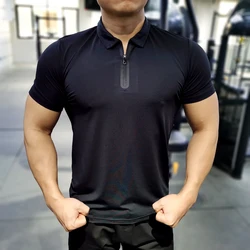 Men Short Sleeve Running Shirt Sports Outdoor Jogging Tops Gym Training Dry Fit Training Sportswear elastic Polo zipper T-shirt