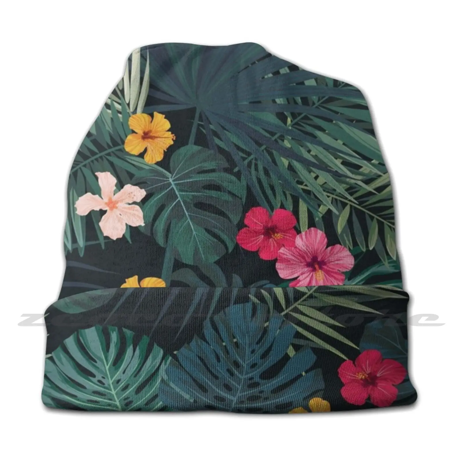 Hibiscus Blossom Knit Hat Hedging Cap Soft Elasticity Outdoor Sports Leisure Tropical Hibiscus Jungle Floral Green Flower