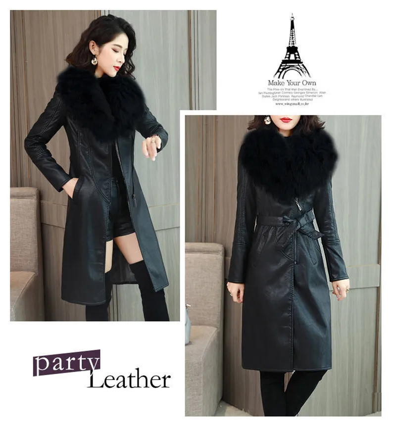 Big Fur Collar PU leather Jacket Autumn Winter Velvet Thicken Soft Faux PU leather Coat Women Korean Long Overcoat 4XL 2356