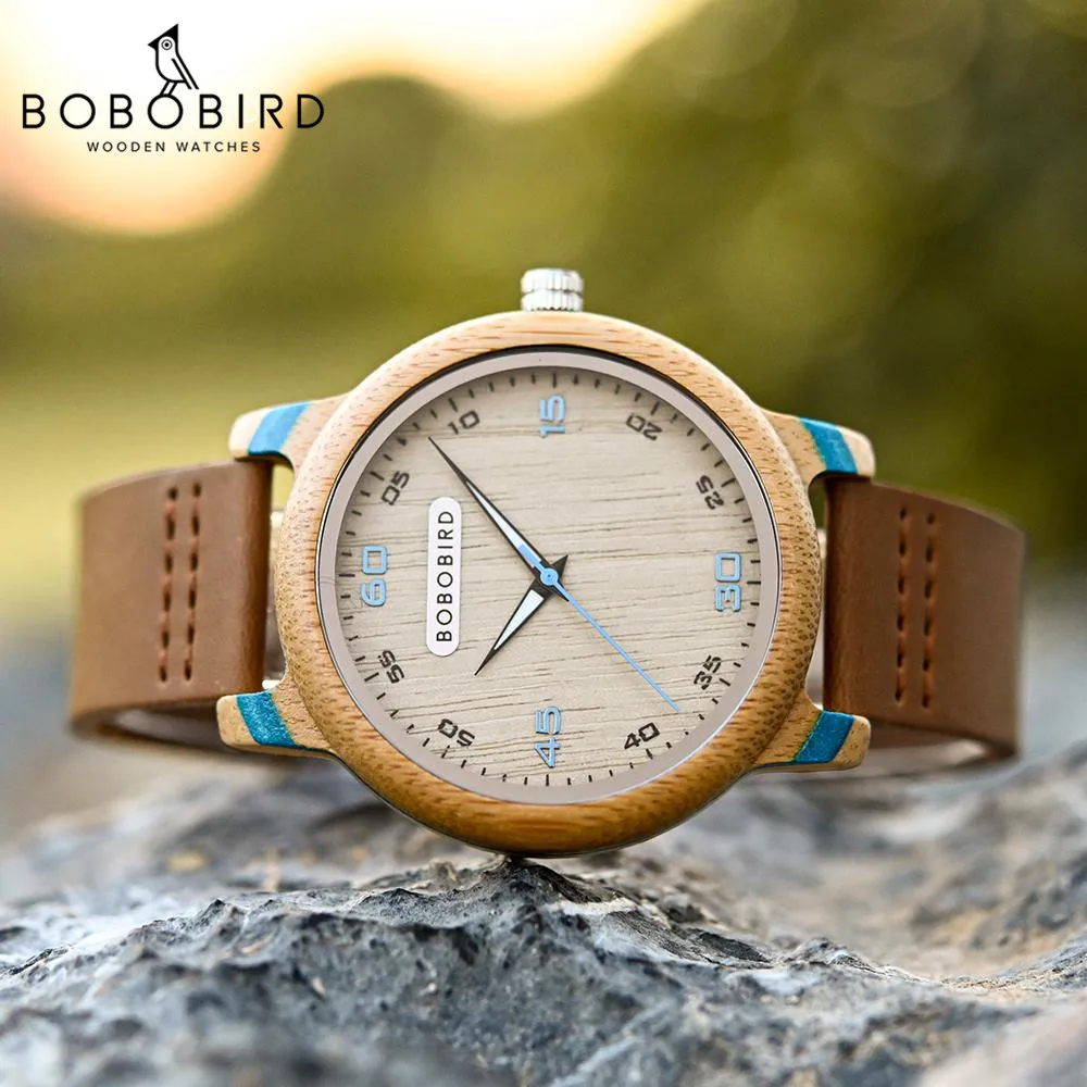 BOBO BIRD-Reloj de pulsera de cuero para hombre y mujer, cronógrafo sencillo de madera a la moda con personalidad, gran regalo, luminoso