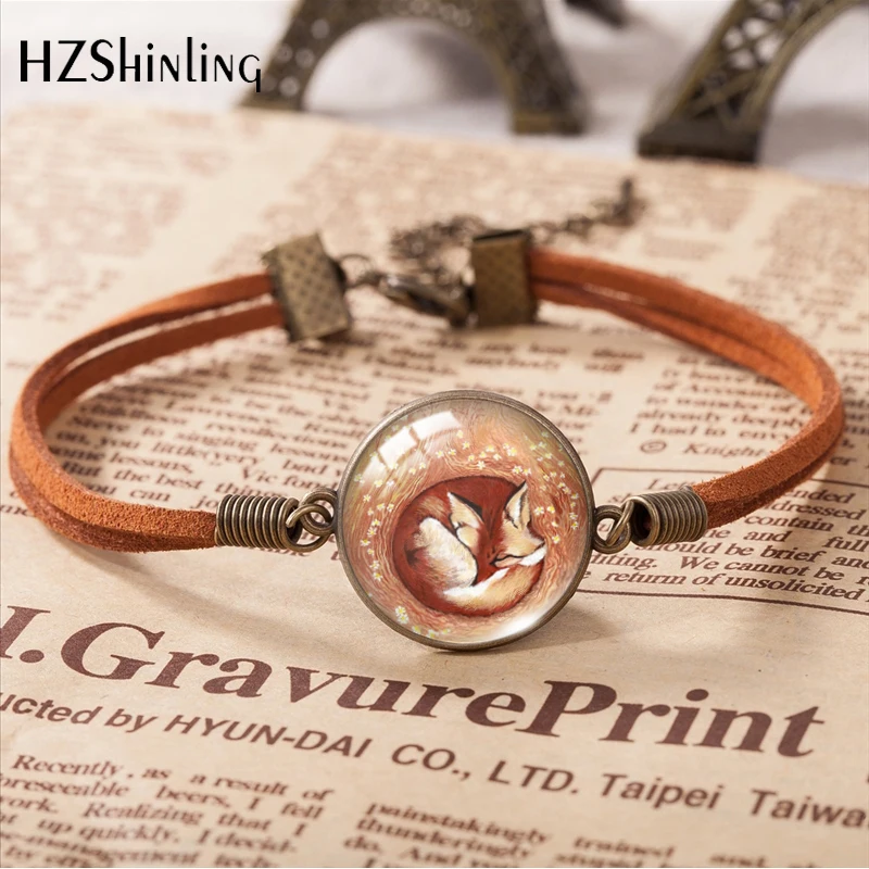 2020  Sleeping Fox Leather Bracelets Round Glass 20mm Cute Pattern Hand Accessories