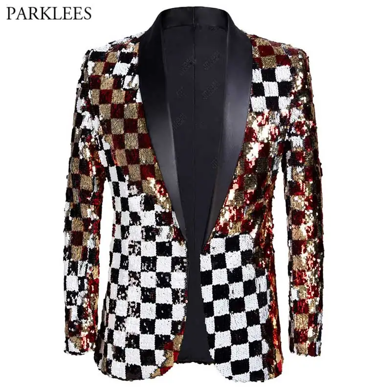 Shiny Square Plaid Sequin Tuxedo Blazer Men One Button Shawl Lapel Mens Party Suit Jacket Wedding Grom Stage Singer Costume 3XL