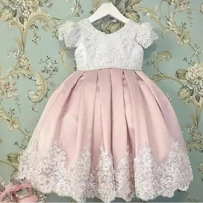 Vestidos de desfile de encaje rosa para niñas, con mangas, lazo grande, largo hasta el suelo, vestidos de flores para bodas, vestidos de fiesta de bebé con apliques