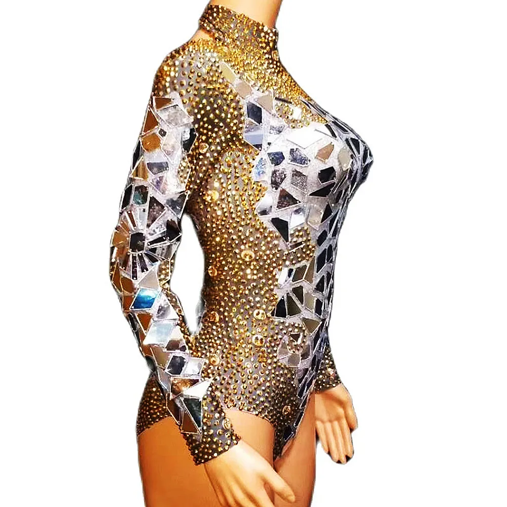 Bodysuit manga comprida gola alta para mulheres, lantejoulas espelhadas, strass dourado, boate, show de dança, roupas de palco, drag queen