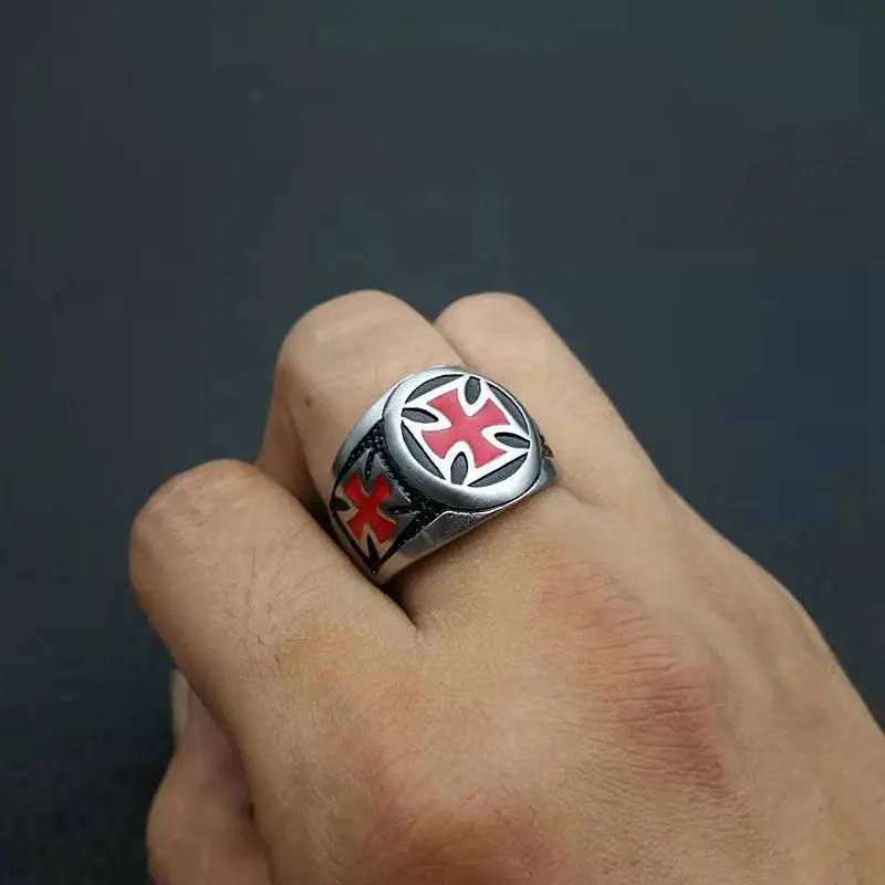 Men\'s Rings Black red color Stainless Steel Red Armor Shield Knight Templar Crusader Cross Ring Punk Jewelry Drop Shipping