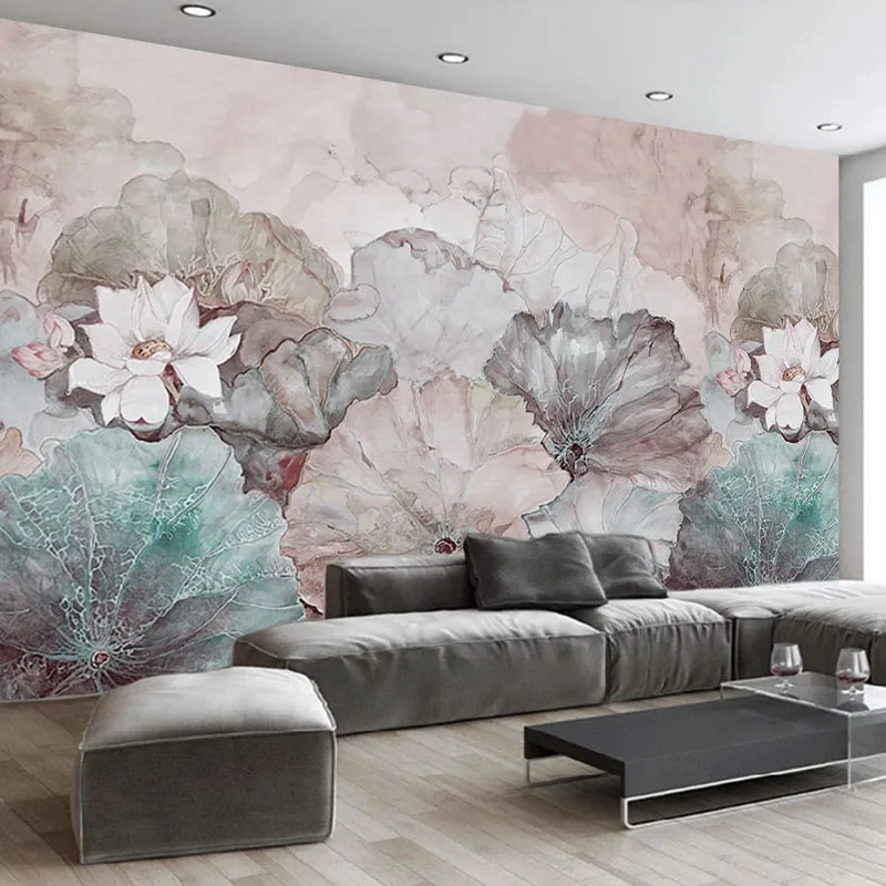 Custom 3D Wall Murals Wallpaper Chinese Style Hand Painted Lotus Decoration Wall Painting Living Room Dining Room Bedroom Flower