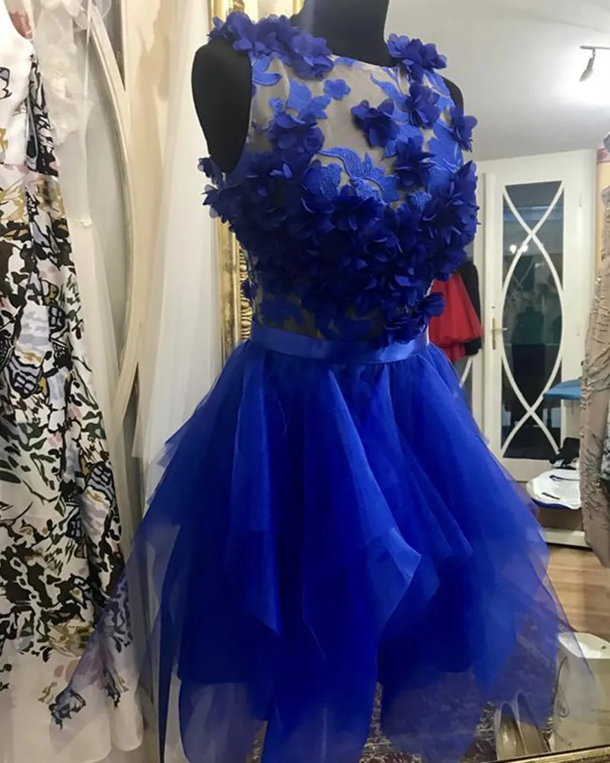 Ziemlich Royal Blau 3D Blume Cocktail Kleider Asymmetrische Spitze Mini Homecoming Party Kleid Taste Kurze Frauen Kleider Vestidos