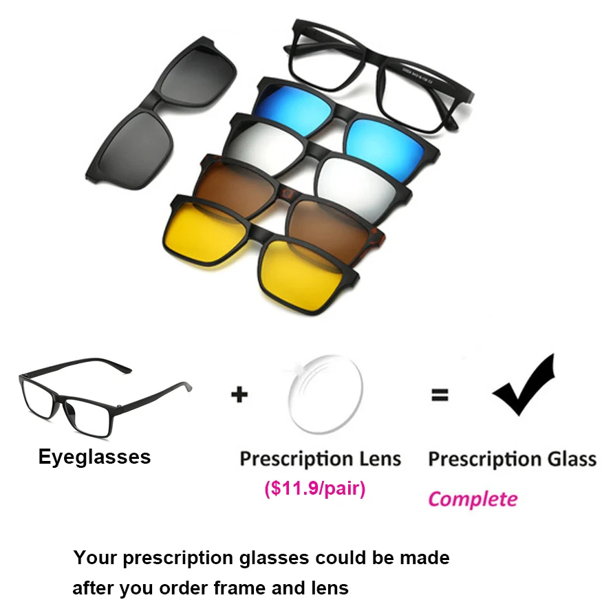TR90 Clip On Sunglasses men Magnetic clip Sunglasses women Magnet Clip Optical Myopia glasses Frame with 5 sunglasses lens