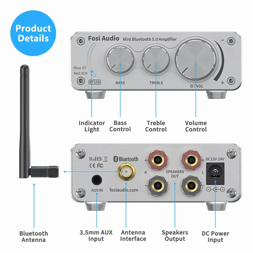 Fosi Audio BT10A wzmacniacz Stereo Bluetooth 5.0 wzmacniacz klasy D Mini zintegrowany wzmacniacz HiFi dla głośników domowych 50W * 2 Treble & Bass