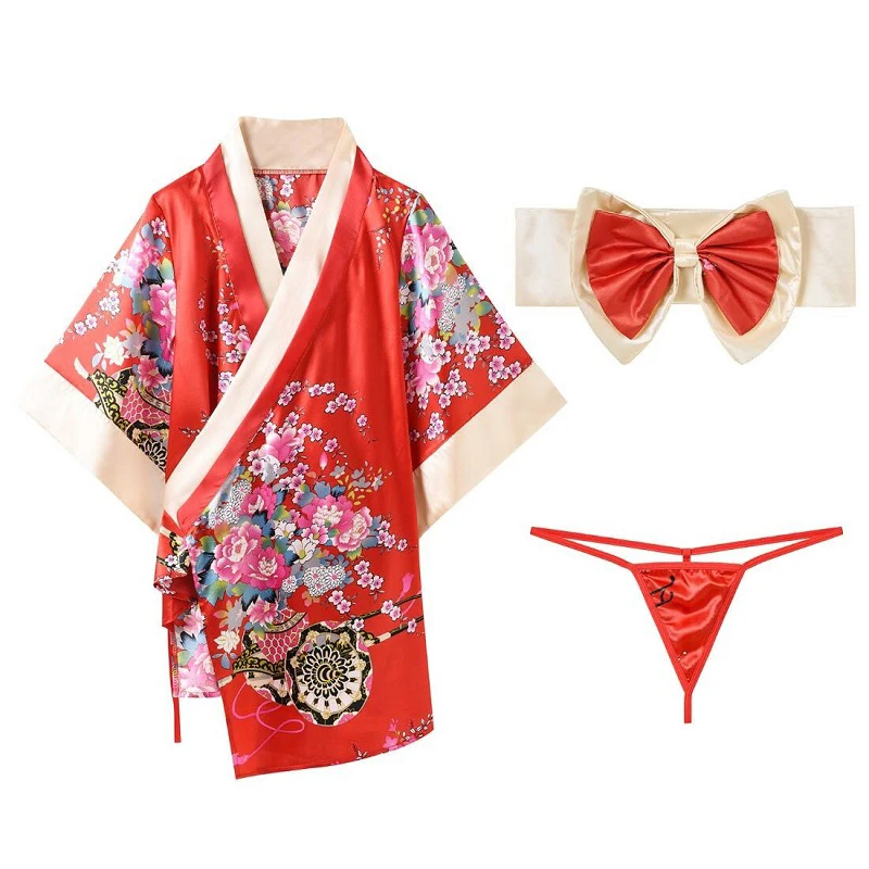 طقم بيجامة نسائي طويل من النايلون ، ملابس نوم مثيرة ، زي نسائي ياباني ، قماش مطبوع ، كيمونو ، ملابس نوم