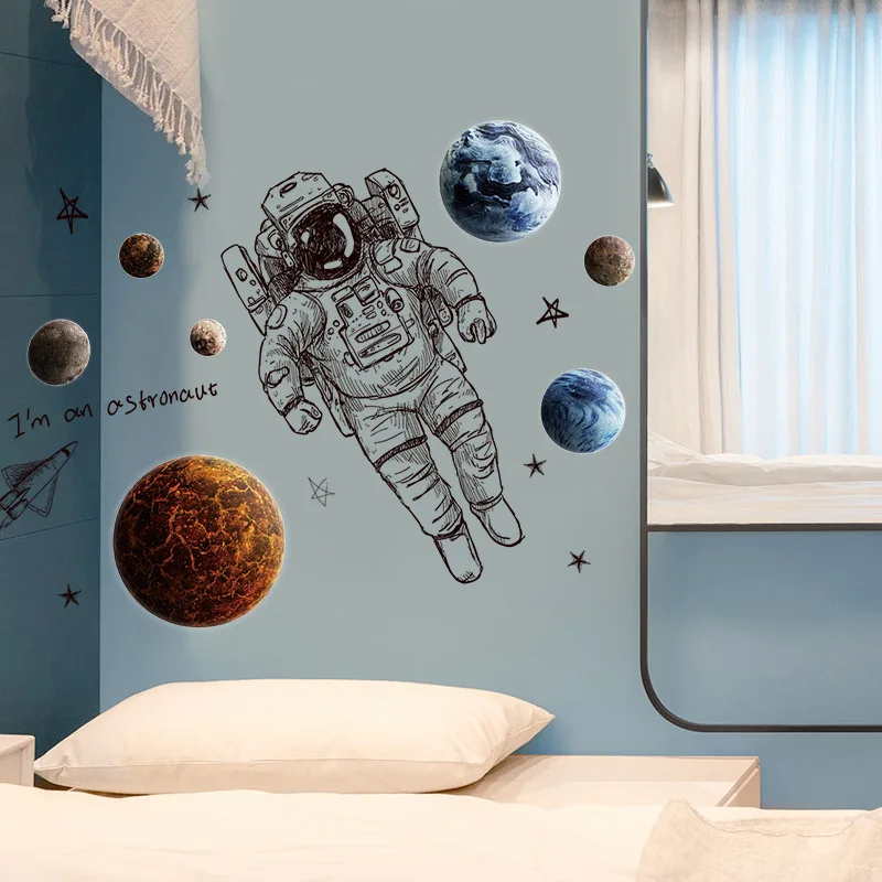 modern Art planet astronaut in space wall stickers children\'s room boy bedroom wall decoration self-adhesive wallpaper decals