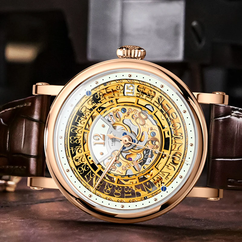 

Мужские автоматические механические часы BORMAN, роскошные швейцарские часы с сапфировым стеклом, 50 м, водонепроницаемые, светящиеся, с двойным скелетоном, BM3901