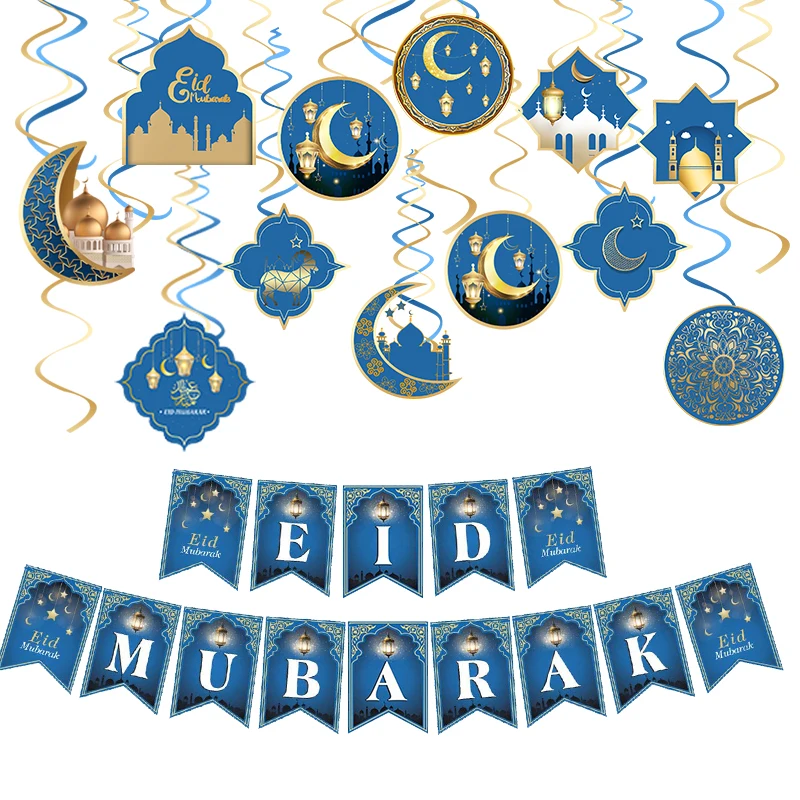 Guirnalda de papel con purpurina EID MUBARAK para decoración de fiestas, pancarta de luna y estrella, musulmán, islámico, suministros de Ramadán