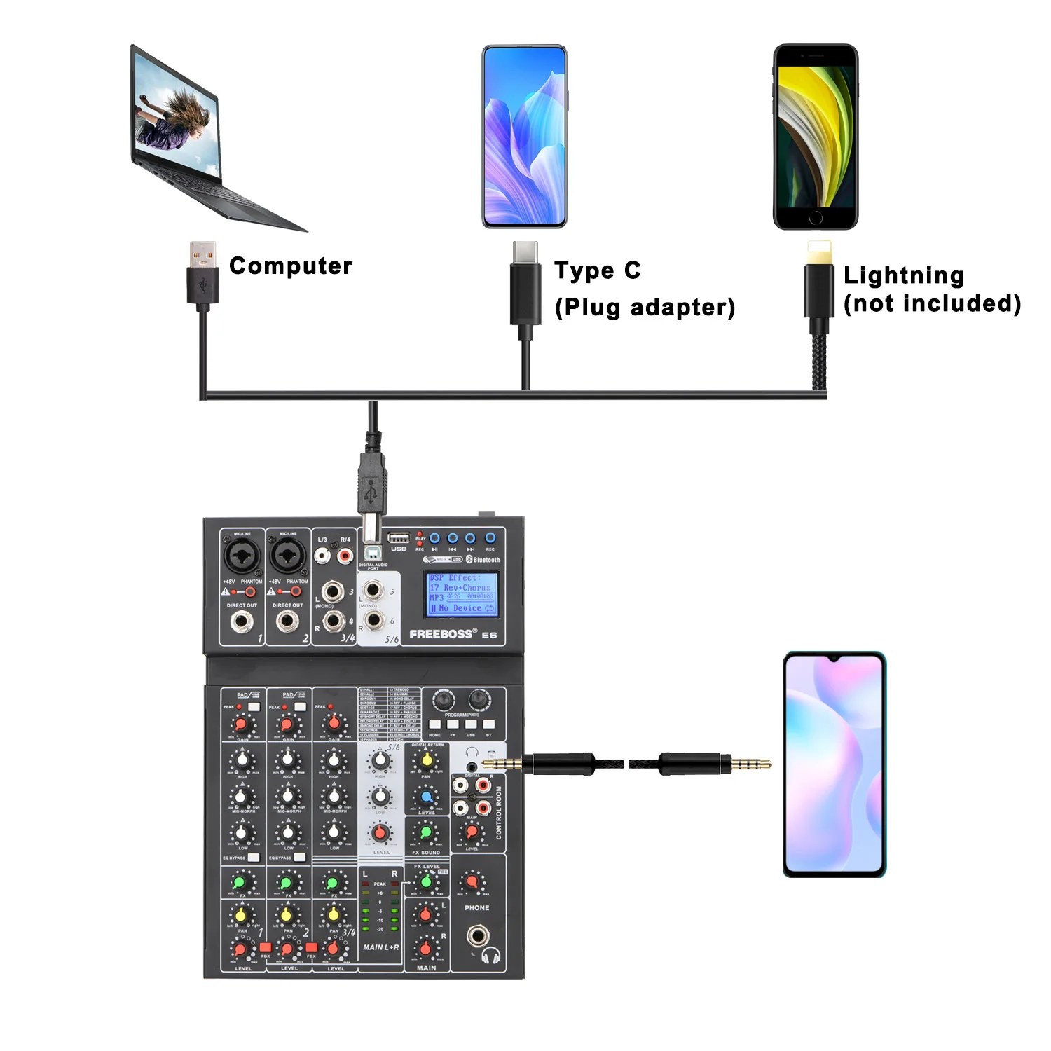 Imagem -05 - Boss Canais Bluetooth Som Tabela 24 Dsp Efeito Usb Computador Record Studio Mobile Live Broadcast Mini Mixer de Áudio e6