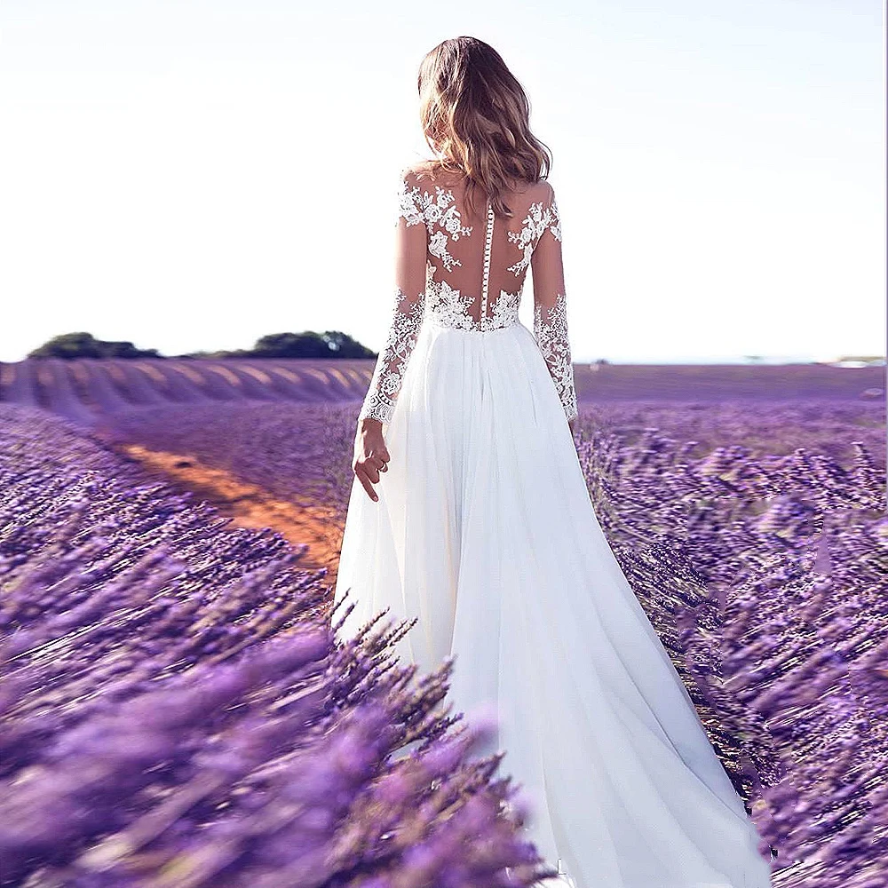 Long Sleeves Wedding Dress 2026 Hot Beach Bridal Gown Chiffon Lace Appliques Wedding Dresses White/Ivory Romantic Buttons